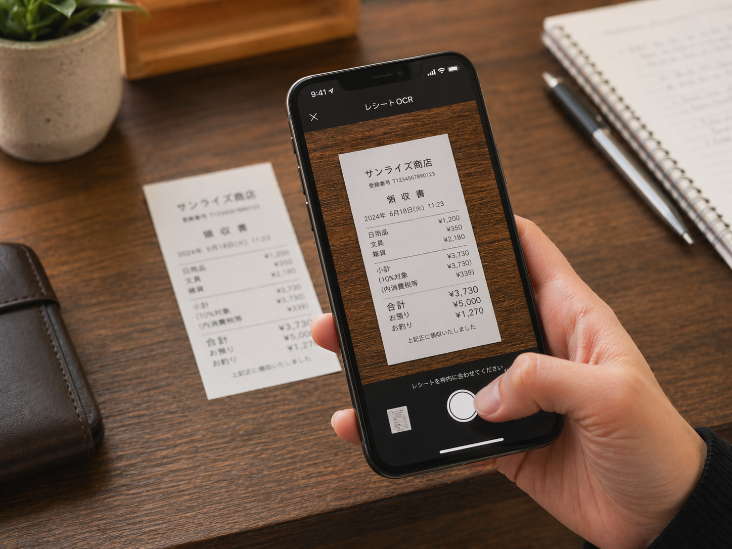 スマホで領収書を撮影している様子